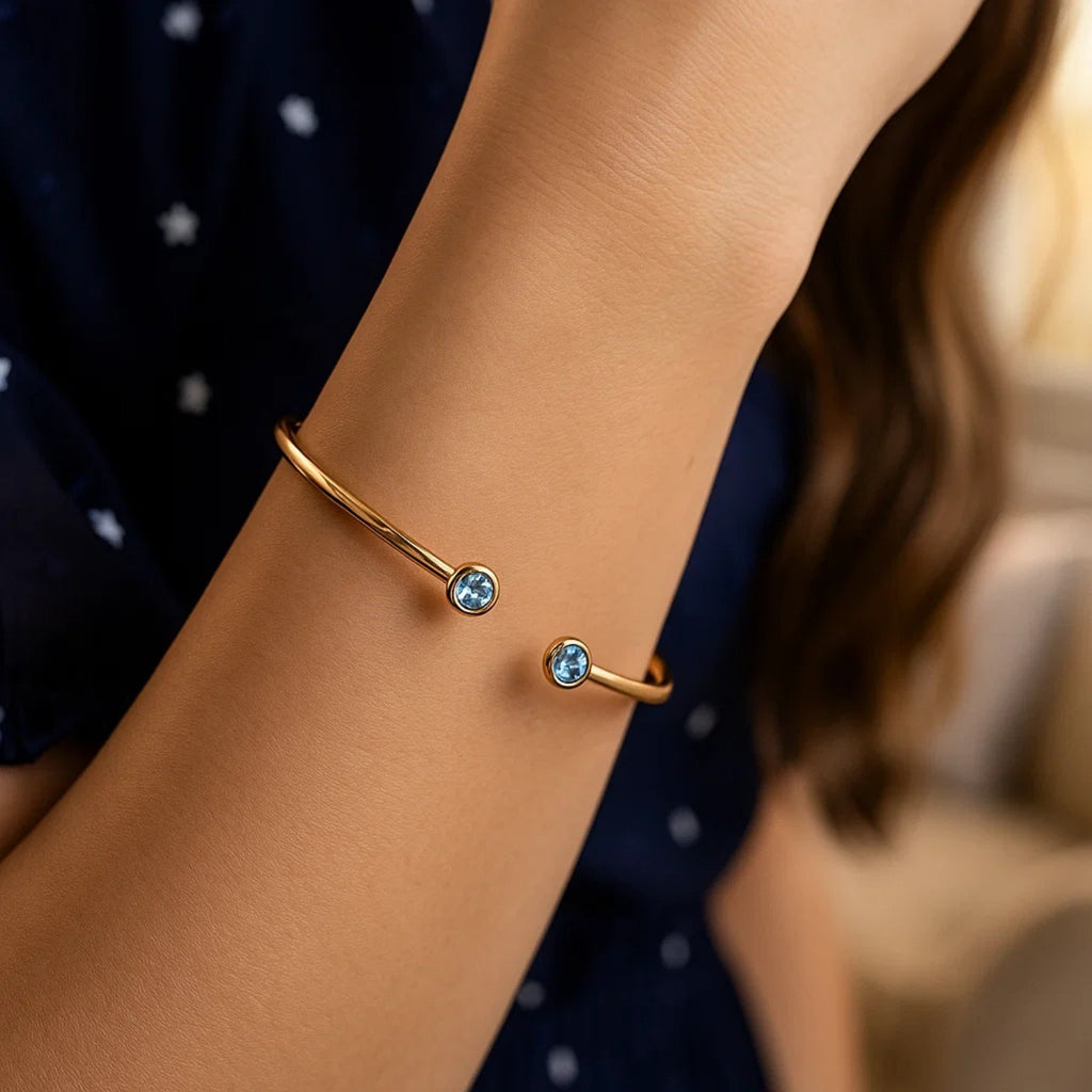 14K Yellow Gold Blue Topaz Open Cuff Bangle (2.00 mm)