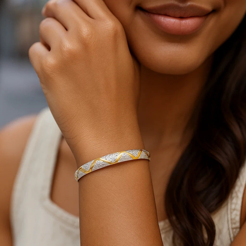 10k Two-Tone Gold Textured Zigzag Style Bangle (6.00 mm)