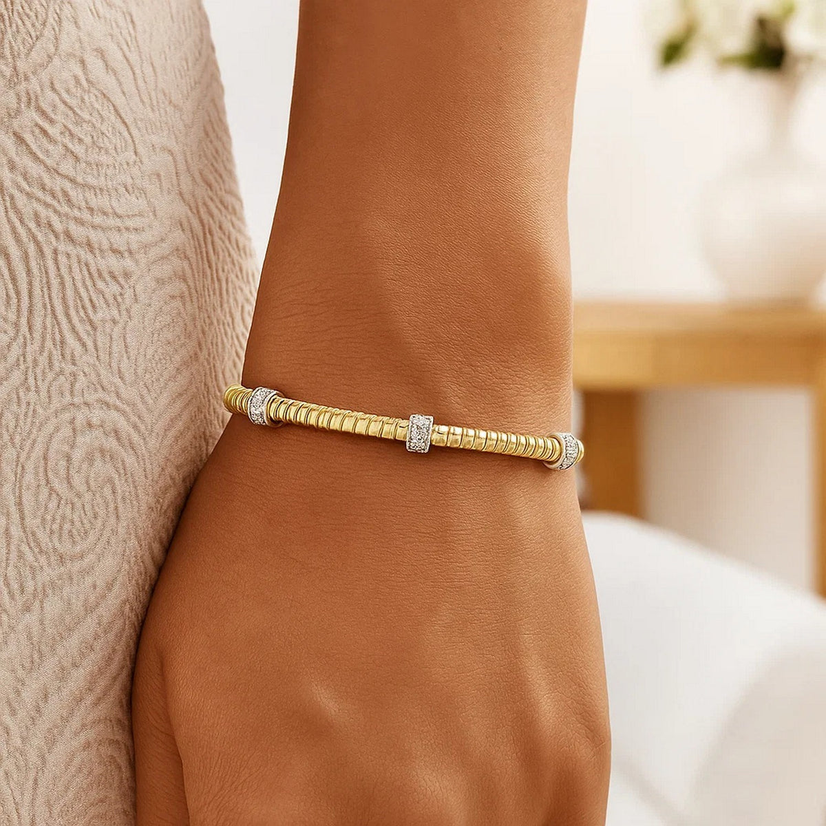 14K Yellow Gold Diamond Triple Station Tubogas Cuff