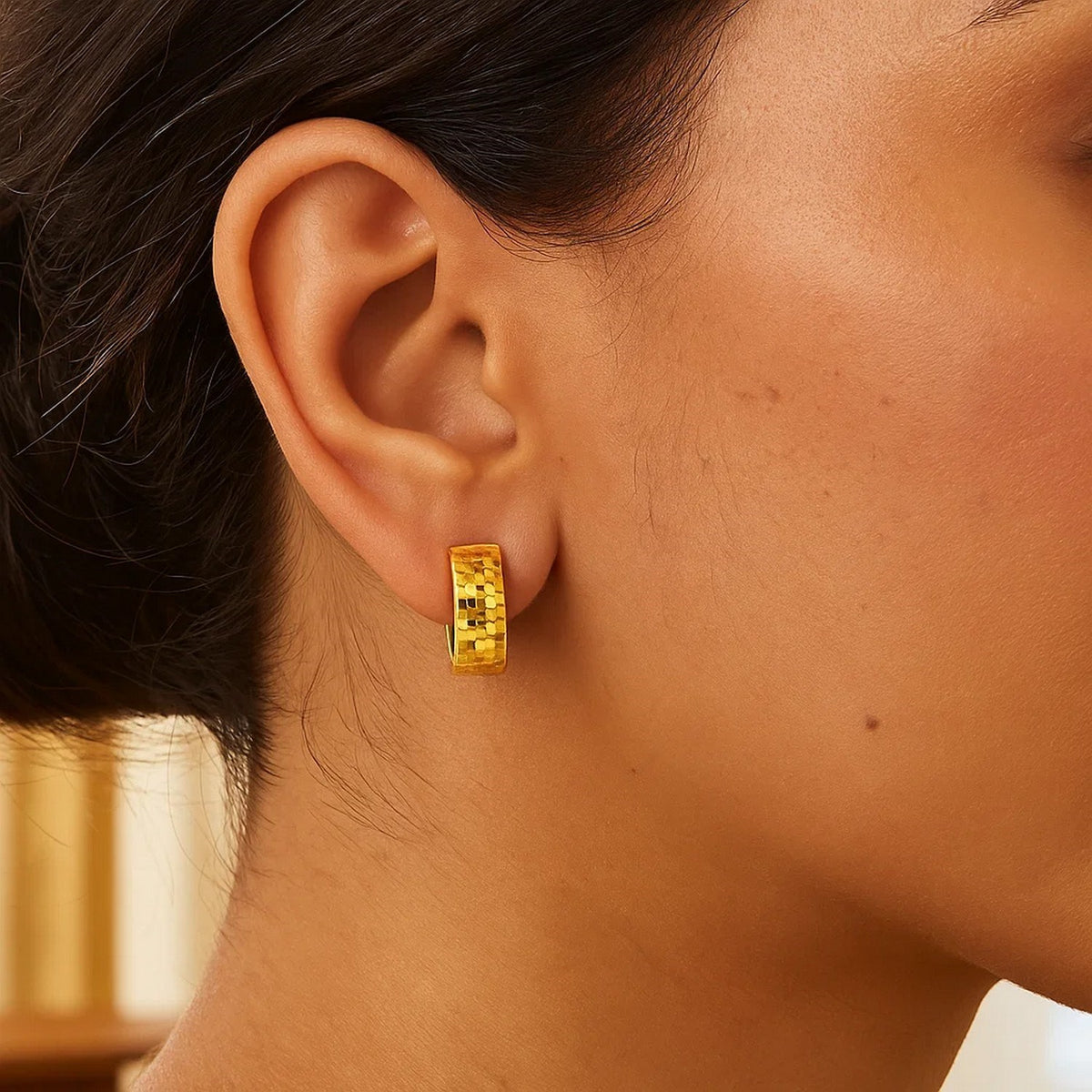14k Yellow Gold Textured and Polished Hoop Earrings
