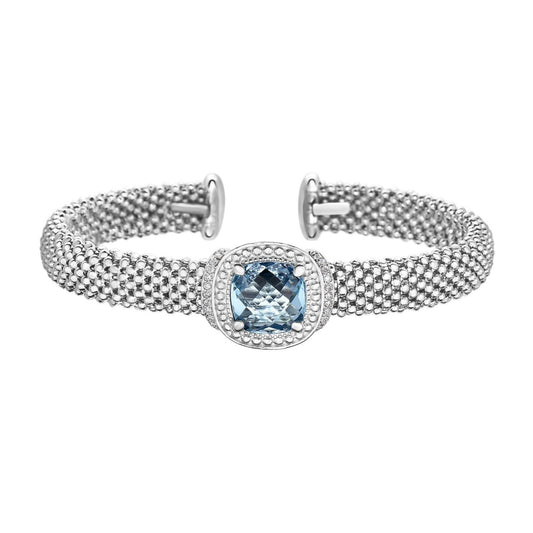Popcorn Texture Cuff Bangle with Blue Topaz and Diamonds in Sterling Silver