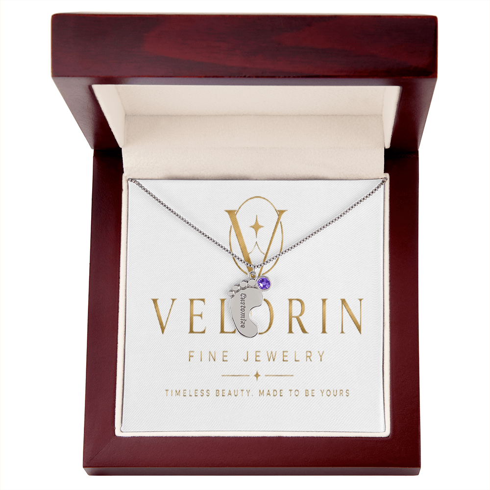 Baby Feet Necklace with Birthstone - Engraved